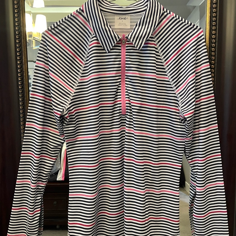 Jofit Navy and Pink Striped Zip-Up Top
